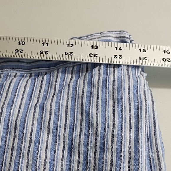 Casual Lagenlook Denim Blue Striped Linen Cropped Pants with Button Accents - Picture 4 of 11